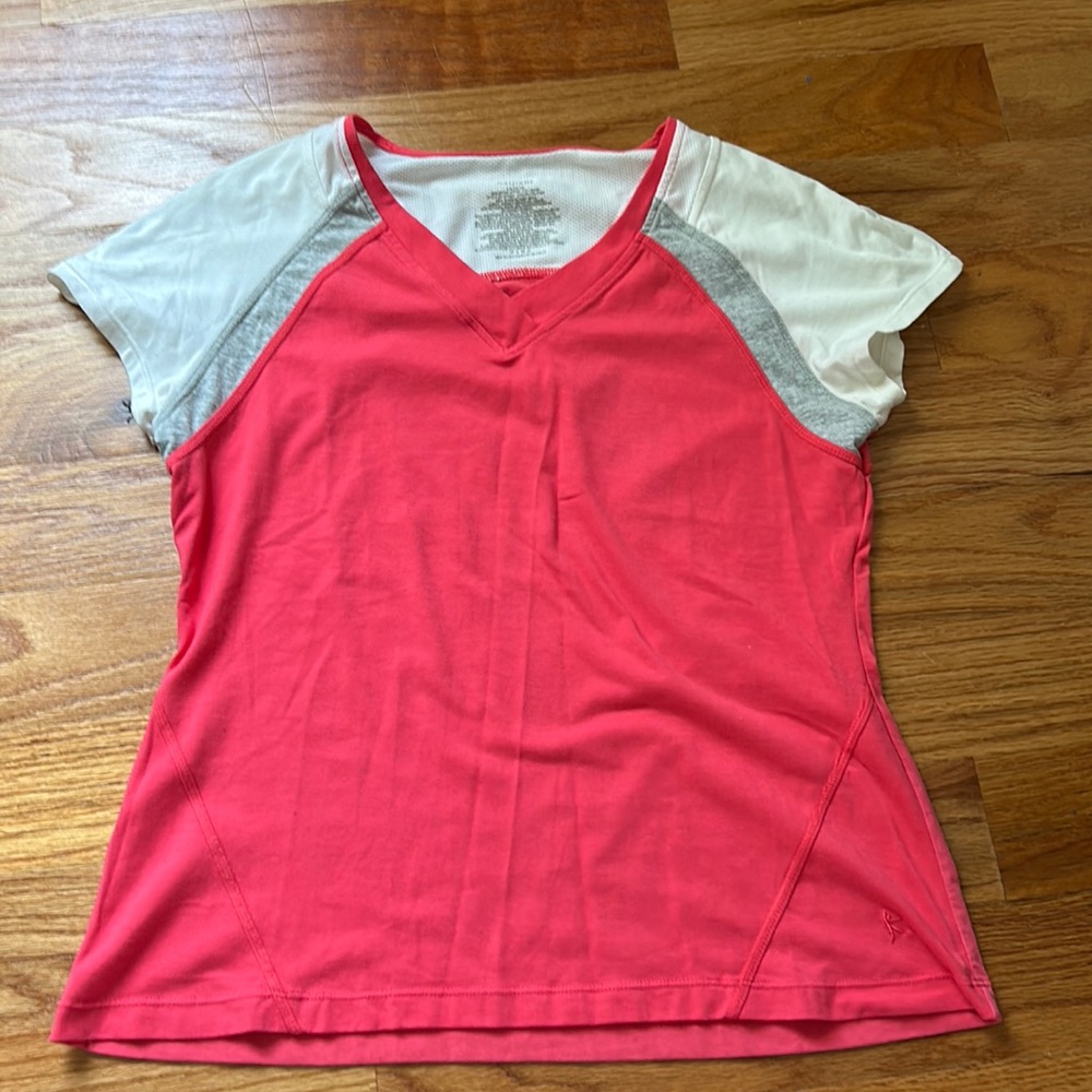 Danskin Now Womens Pink, Grey & White Active Wear Shirt With Mesh Sz L